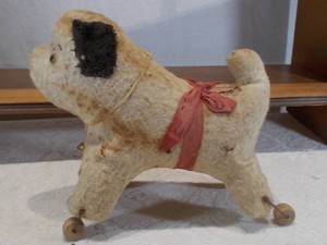 Vintage Antique German Plush Pug  Dog Toy with Red Ribbon Collar