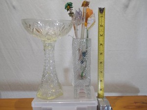 Vintage Pressed Glass Pedestal Compote, Rectangular Glass Vase & Decorative Cocktail Stirrers Lot