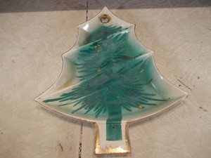 Vintage Ceramic Christmas Tree Divided Candy Dish with Gold Trim