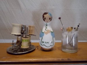 Vintage Sewing Lot - Darn It Figural Darning Egg, Metal Spool Stand & Hat Pins