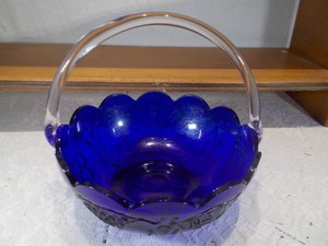 Vintage Cobalt Blue Embossed Glass Brides Basket  Candy Dish with Metal Handle