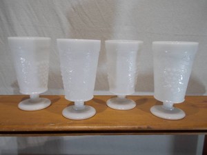 4 Vintage Embossed White Milk Glass Footed Iced Tea  Water Goblets