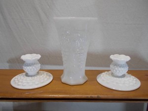 3-Piece Vintage White Milk Glass Hobnail Vase & Ruffled Candle Holders Set