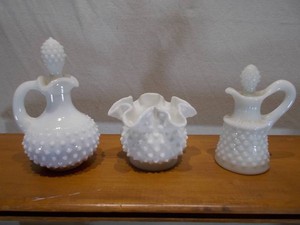 3-Piece Vintage White Milk Glass Lot - 2 Stoppered Cruets & Ruffled Hobnail Vase