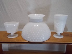 3-Piece Vintage White Milk Glass Lot - Hobnail Lamp Shade & 2 Footed Goblets