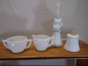 4-Piece Vintage White Milk Glass Lot - Cream & Sugar Set, Figural Syrup Pitcher & Hobnail Jar