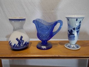 3-Piece Blue & White Decor Lot - 2 Hand-Painted Delft Holland Vases & Cobalt Blue Glass Creamer