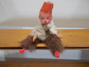 Vintage Rubber Face Plush Hanging Chimpanzee  Monkey Toy with Red Fez Hat