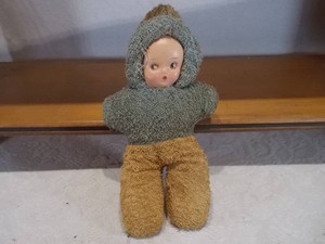 Title Options (Lot 251)  Antique  Vintage Rubber Face Plush Cuddle Doll in Two-Tone Sherpa Bunting Suit