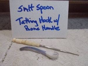 Vintage Salt Spoon & Tatting  Crochet Hook w Carved Bone Handle - Lot of 2