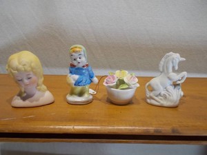 Lot of 4 Vintage Miniature Porcelain & Bisque Figurines - Bone China Floral, Boy & Girl, Bird