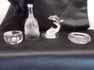 Lot of 4 Vintage Clear Cut & Pressed Glass Miniatures - Dolphin Figurine, Bell & Salt Cellars