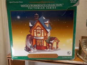 Vintage Ceramic Christmas Village Poison and Tea Apothecary Shop Building