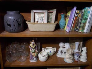Vintage Bookshelf Decor, Books & Glassware Lot