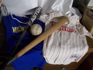 Vintage Phillies & Brewers Baseball Jerseys, Bats & Ball Lot