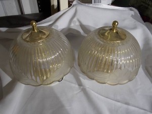 Vintage Clear Ribbed Glass Light Shades & Brass Hardware Pair