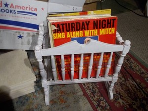 Vintage Vinyl Records & White Wooden Storage Rack Lot