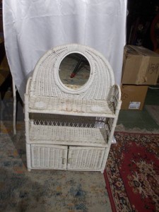 Vintage White Wicker Arched Wall Cabinet  Display Shelf