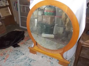 Round Wooden Framed Dresser Mirror on Stand
