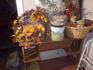 Wooden Desk, Chair, and Assorted Autumn Decor