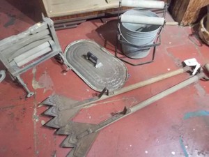 Vintage Hand-Crank Wringer, Galvanized Mop Bucket, and Hand Tools