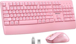 $23 MEETION Wireless Keyboard and Mouse Combo, Full-Size with Wrist Rest, Pink