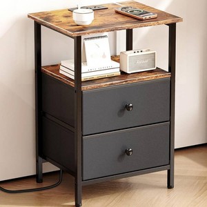 $30 Nightstand with Charging Station, Bedside End Table with 2 Fabric Drawers for Bedroom, Side Table with USB Ports and Outlets (Brown Black)