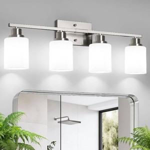 $45 Ascher Bathroom Light Fixtures, 4-Light Vanity Light Over Mirror, Brushed Nickel Wall Sconces with Milky White Frosted Glass Shades, Wall Lamp for Living Room Bedroom, E26 Base(Bulbs Not Included)