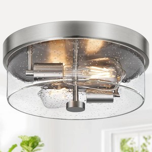 $55 Flush Mount Ceiling Light Fixtures, 2-Light 12 Inch Brushed Nickel Close to Ceiling Light Fixtures with Seeded Glass Shade Ceiling Light Fixture for Porch, Hallway, Bathroom, Dining Room and Foyer