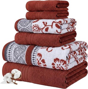 $26 Modern Threads 6 Piece Bath Towel Set   Bathroom Set with 2 Bath Towels, 2 Hand Towels, and 2 Wash Cloths   100% Cotton, Super Absorbent & Extra Soft   Reversible Floral Trail (Rust Orange)