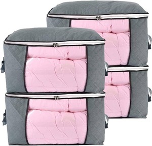 $26 combocube Comforter Storage Bag, Zippered Bag with Large Clear Window and Carry Handles, Space Saver Organizers for Closet, Blanket, Pillow, Quilt, Bedding, Clothes (4Pcs Grey Large)