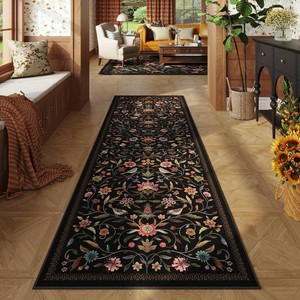 $40 Vintage Medallion Floral Washable Runner Rug 27x8, Non-Slip Low Pile Soft Carpet for Hallways, Laundry, Bedroom, Bathroom, Entryway  Black