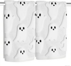 2 Pack Halloween Hand Towels 100% Cotton Jacquard Ghost Halloween Kitchen Towels White Bathroom Towels Set Seasonal Bathroom Decor (White Ghost, Halloween)