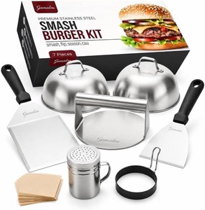 $38 Gamalou  7 Pcs Smash Burger Press Kit Stainless Steel Burger Smasher, 6x5 Spatula, 4 Scraper, 2 Melting Domes, Seasoning Shaker, Egg Ring, Griddle Accessories for Blackstone, Grill, Frying Pan