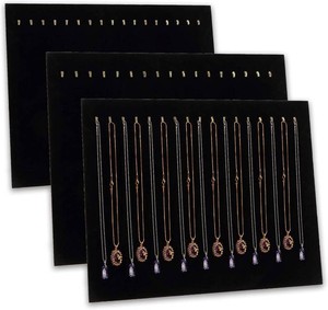 Foraineam 3 Pack Black Velvet Jewelry Display with 17 Hooks Necklace Tray Organizer Pad Bracelets Pendants Chains Showcase Stands