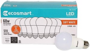 $27 EcoSmart 9.7 Watt (60W Equivalent) Soft White A19 Non-Dimmable LED Light Bulb 1 Box (8 Bulbs Total)