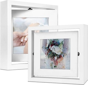 $20 4x4 Rotating Picture Frame 2 Pack, Two-sided Viewing Display Photo Pine Wooden Real Glass, Vertical or Horizontal Free-Standing Desk Tabletop Frame, White