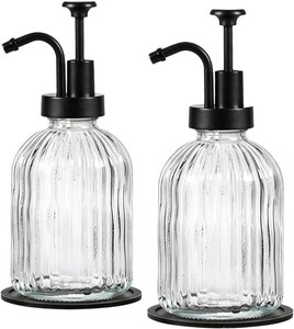 SheeChung 12oz Clear Glass Liquid Soap Dispenser,Black Pump, Striped,2 Pack