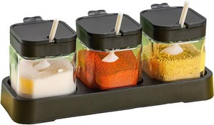 Condiment Jar Spice Container with Lids and Spoons, Kitchen Spice Pot Set of 3, 11oz Clear Glass Condiment Pot with Tray, Kitchen Salt Pepper Sugar Storage Container Jar YELLOW COLOR (stock photo for illustration purposes)