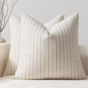$20 DEZENE Pack of 2 Linen Striped Throw Pillow Covers 18x18 Neutral Couch Pillow Cases Farmhouse Decorative Square Accents for Living Room Sofa Bedroom, Brown