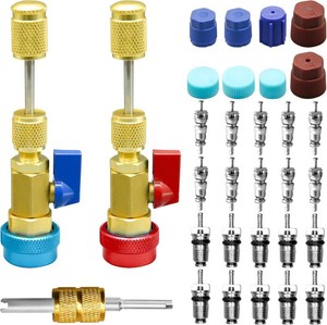 $25 31Pcs R134A Valve Core Quick Remover Installer Tool Set, High Low Pressure AC Valve Core Removal Tool with R134A Valve Core AC Service Port Cap Valve Stem Kit for Refrigerant Air Conditioner System