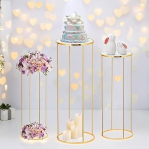 $70 3pcs Gold Metal Plant Stand, Cylinder Pedestal Stands for Party, Metal Plant Columns Pedestal Stands for Display, Round Cylinder Columns tables for Weddings Cake Stand Floor Plant Tables