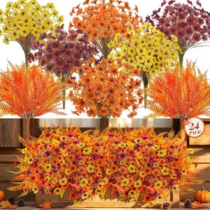 $27 Der Rose 24Pcs Artificial Fall Flowers for Outdoors, Fake Mums and Ferns