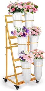 $68 3FT Flower Display Stand with 6 Buckets,Metal Flower Bar Stand with Wheels,3 Layers Moving Florist Bouquet Shelf for Indoor Outdoor Garden,Flower Shop,Wedding,Party Decor (GOLD)
