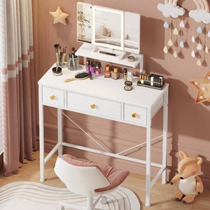 $80 HIGDBFE Small Makeup Vanity Desk 27.5W with Mirror and Lights, White