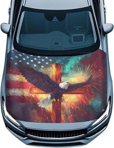 $29 Car Hood Cover USA Flag Eagle Cross Design Car Hood Wrap Blankets Veterans Day Decorations Waterproof Automotive Patriotic Decorative Accessories for Compact Sedans SUV Trucks
