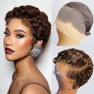 $42 Brown Short Curly Pixie Cut Lace Front Wigs Remy Human Hair for Women, 13x4 HD Lace Frontal Wig Chocolate Brown Short Curly Deep Wave Human Hair Wig Wavy Layered Pixie Cut Wig Glueless Wigs With Bang