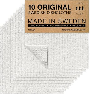 SUPERSCANDI 10 Pack Swedish Dishcloths for Kitchen - 100% Biodegradable & Compostable Reusable Paper Towels Washable, Food-Safe & Without Plastic - Dish Rags Suitable for Any Surface, White
