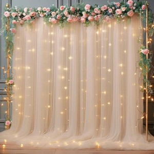 $26 10x10ft Champagne Backdrop Curtain with Lights String for Parties, Sheer Tulle Curtains for Wedding Backdrop Baby Shower Birthday Party Photo Shoot Background Decorations