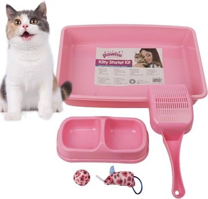 $20 PAWISE Small Cat Litter Box,14.3 x 10.6 x 2.5 Kitten Litter Box Starter Kit,Low Entry,Scoop,Bowls,Cat Mouse Toy and Ball Toy,First Catty Owner Essentials(Pink)